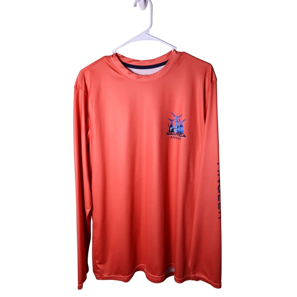 Nautica Angler Mens Large Coral Orange Marlin Graphic LS Performance Fishing Tee